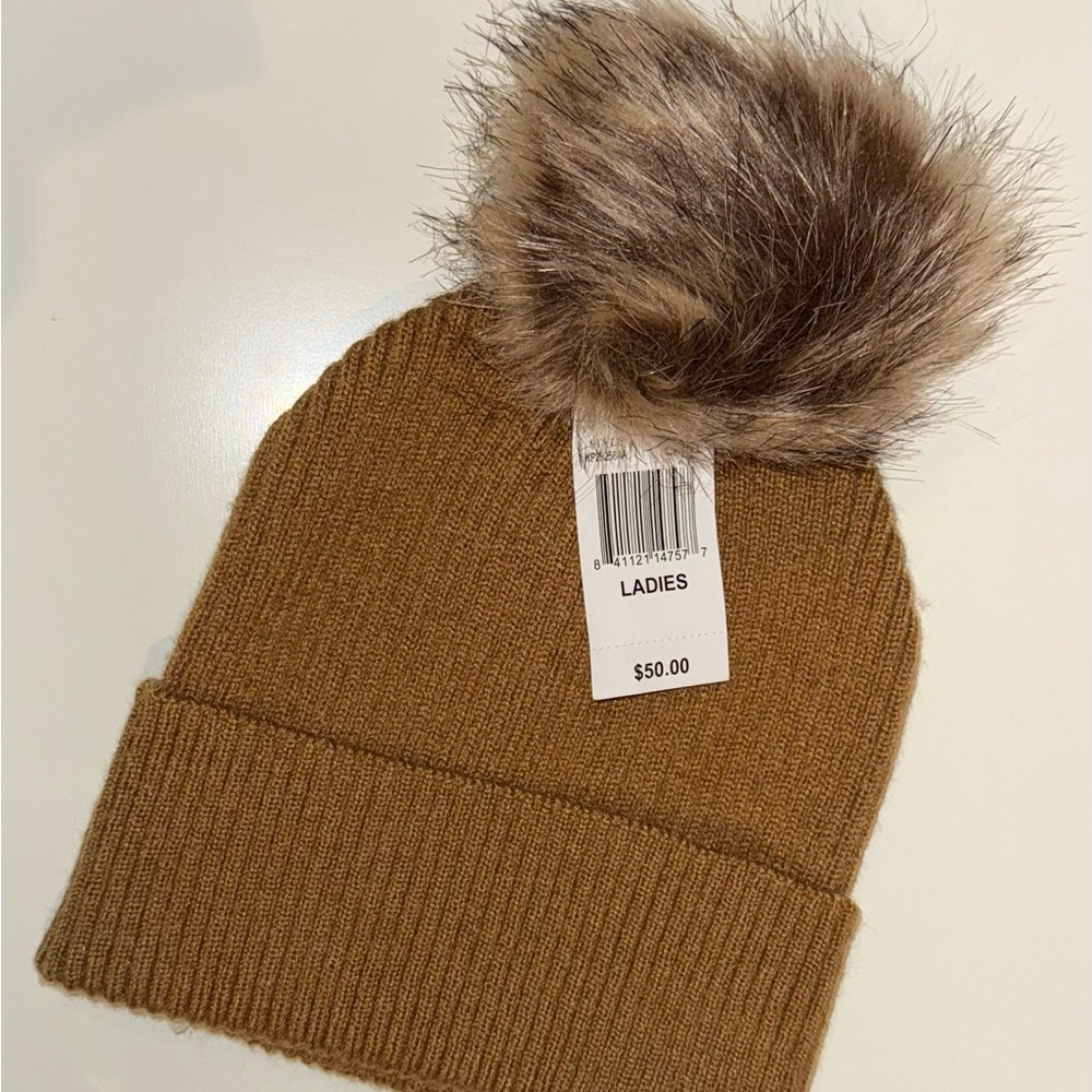 Brown Knit Beanie with Faux Fur Pom